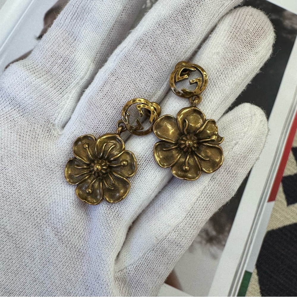 Gucci Metallic Floral Drop Earrings GG Flower Bronze Gold